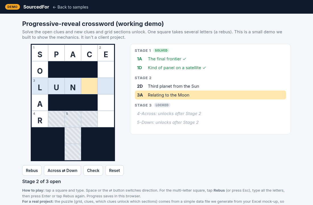 Screenshot of the crossword demo with locked and unlocked sections